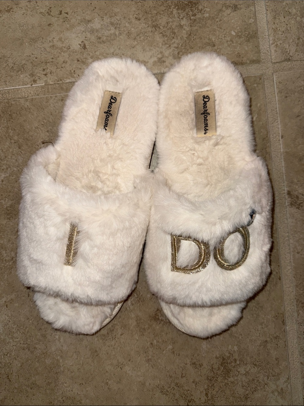 dearfoams Cream Faux Fur 'I DO' Embroidered Slide Slippers
